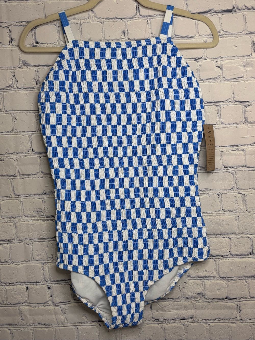 NWT Albion Fit Blue Checkers Smocked Natalie Vacation Beach One Piece Swimsuit L